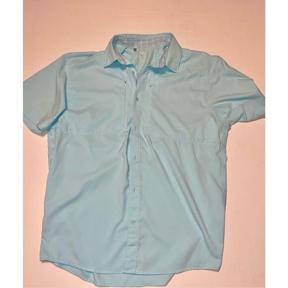 Under Armour Loose Heatgear‎ Men’s Short Sleeve Button Down Blue Shirt L A18 - Picture 1 of 7